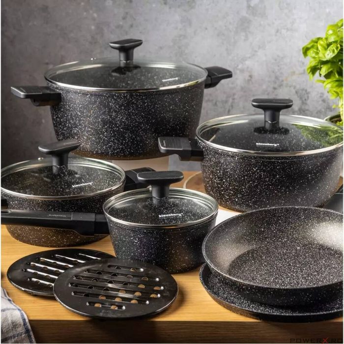 Set oale si tigai, 12 bucati, acoperit antiaderent, negru cu manere