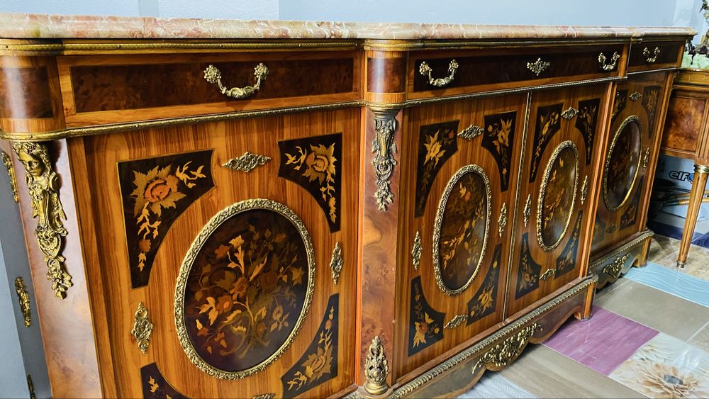 Comoda Mare Vintage Bronz Lemn Masiv Marmura Intarsie Antic