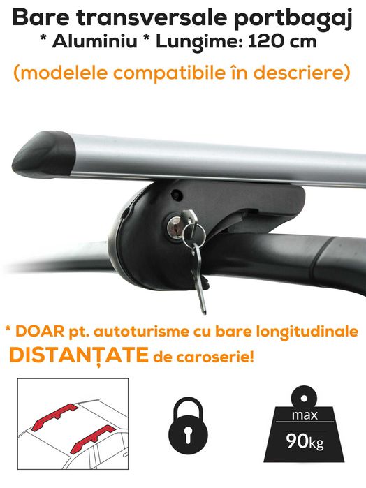 Bare transversale portbagaj cu cheie -  Aluminiu - 120 cm - max. 90 kg