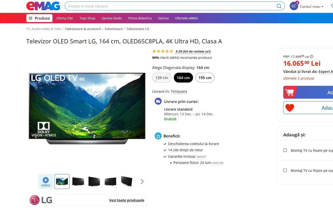 Televizor 4K OLED Smart LG, 164 cm, Ultra Slim, 4K Ultra HD, Clasa A