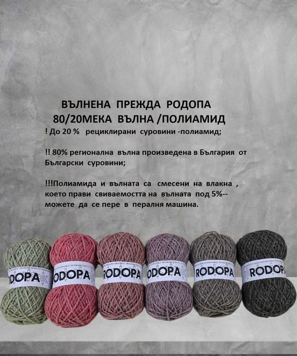 Прежда за ръчно плетиво Родопа - 80/20 Вълна/ПА