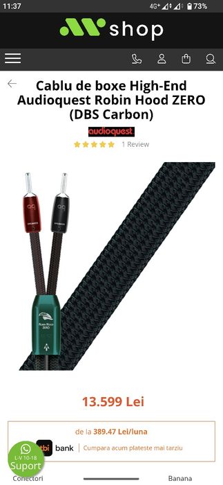 Cablu Boxe Audioquest Robin Hood, ca nou ,2x3 m