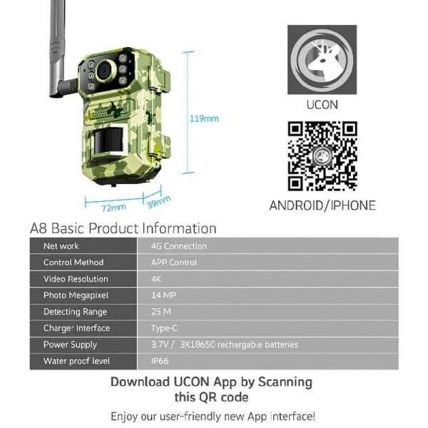 Нова Ловна камера 14MP до 25 метра. A8 със соларен панел 4G фото капан