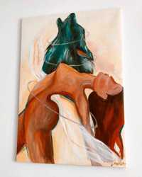 Pictura pe panza in culori acrilice - "The Woman and the Wolf"