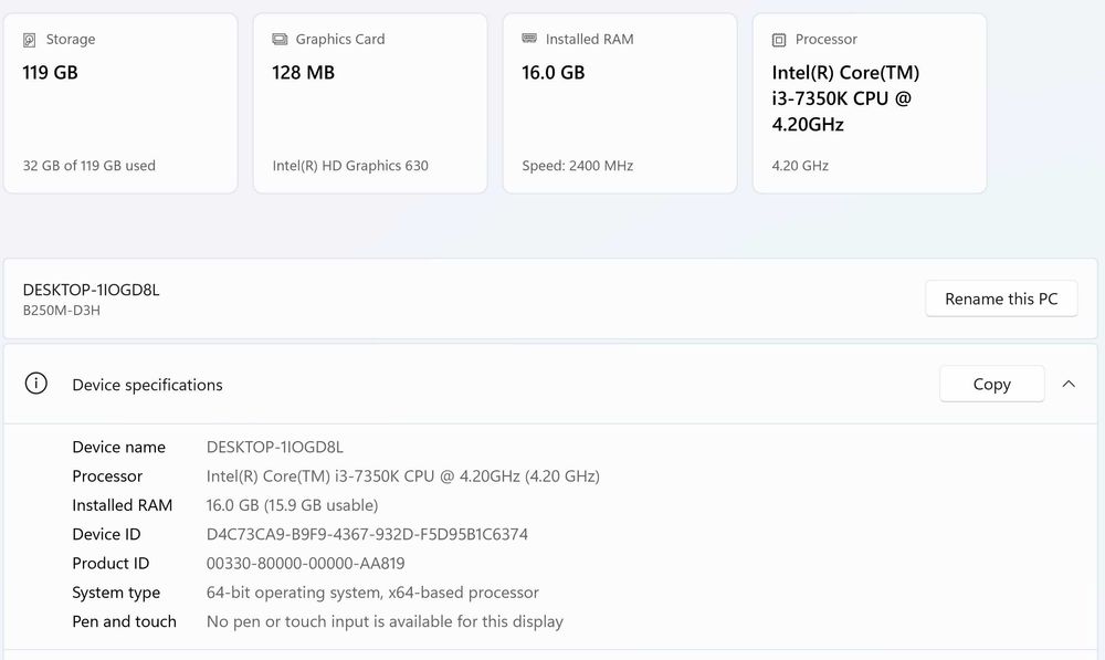 Gigabyte B250M-D3H, i3 7350K, 16GB RAM, SSD