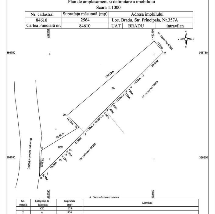 Vând teren intravilan Bradu, strada Principală, 2564mp, negociabil.