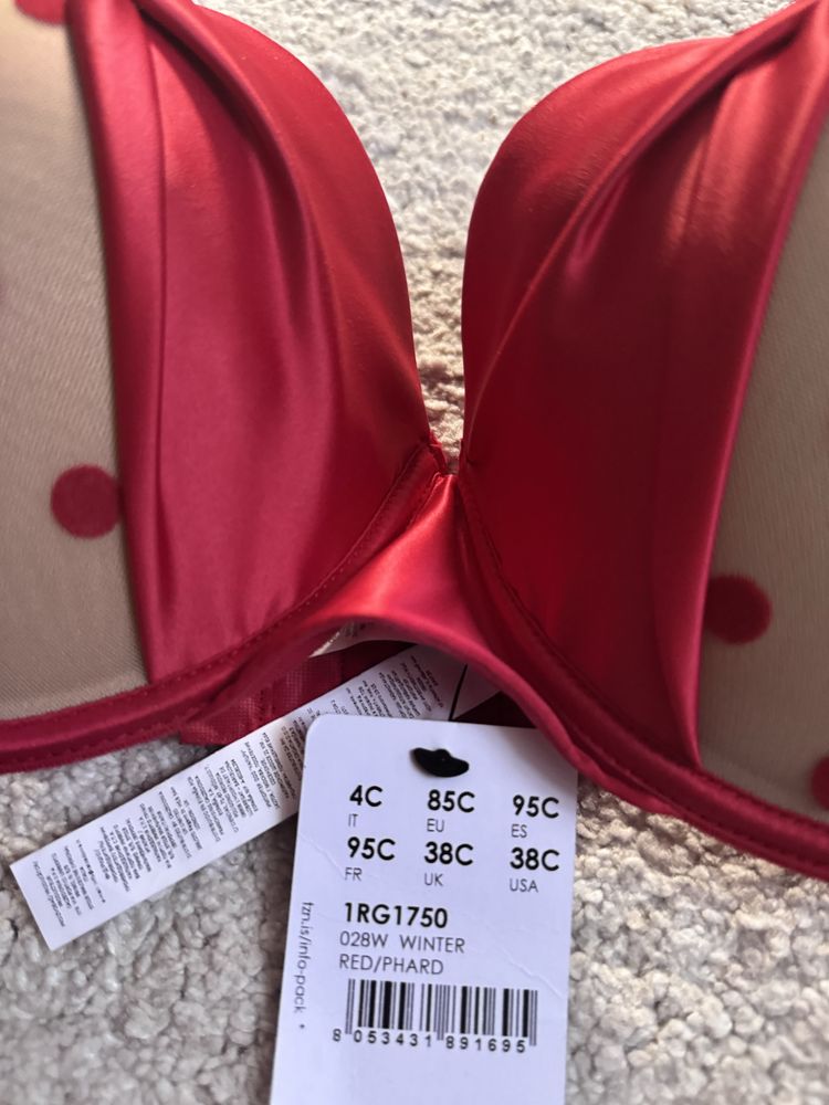 Sutien nou Tezenis, mărimea 85C – Model retro cu buline, push-up, roșu