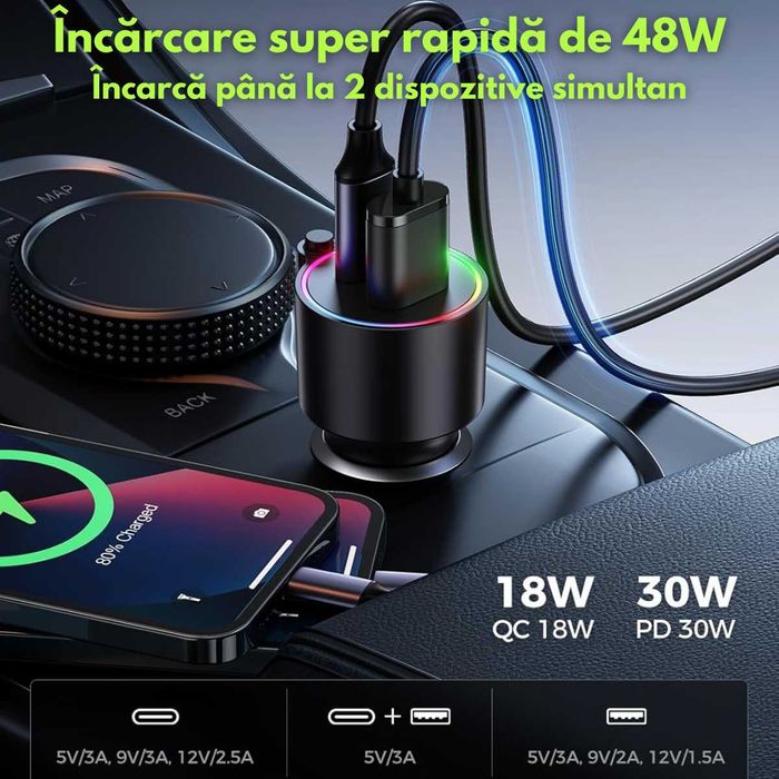 Modulator FM Auto Bluetooth 5.3 | Incarcare Rapida 48W,Microfon HD,RGB
