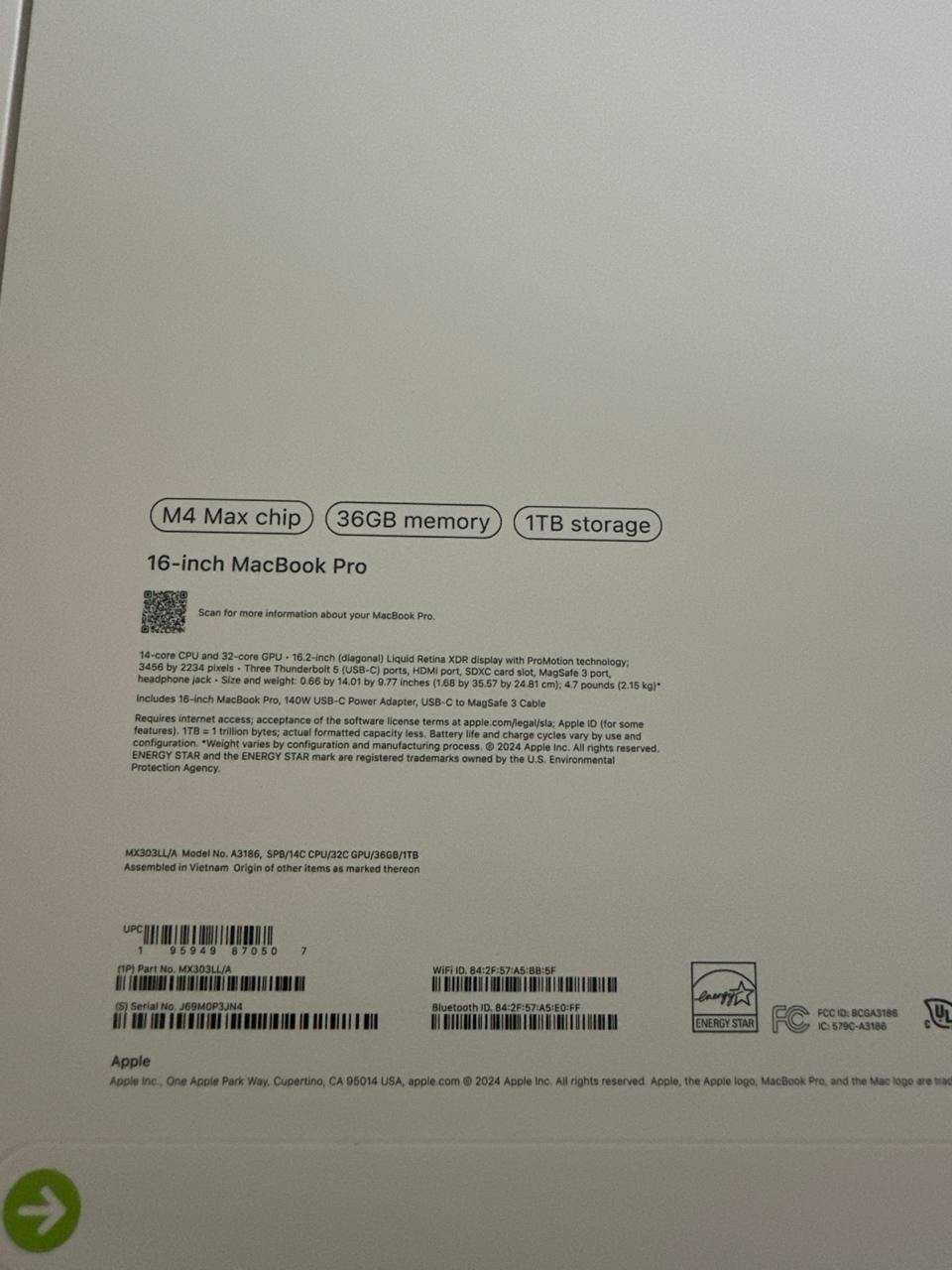 Apple MacBook Pro 16.2" (M4 Max, 36GB Unified Memory, 1TB SSD Storage)