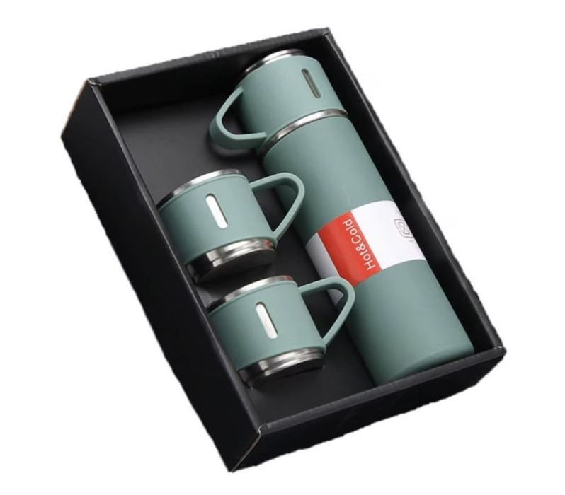 Подаръчен комплект термос с 3 чаши, зелен, розов, сив.
