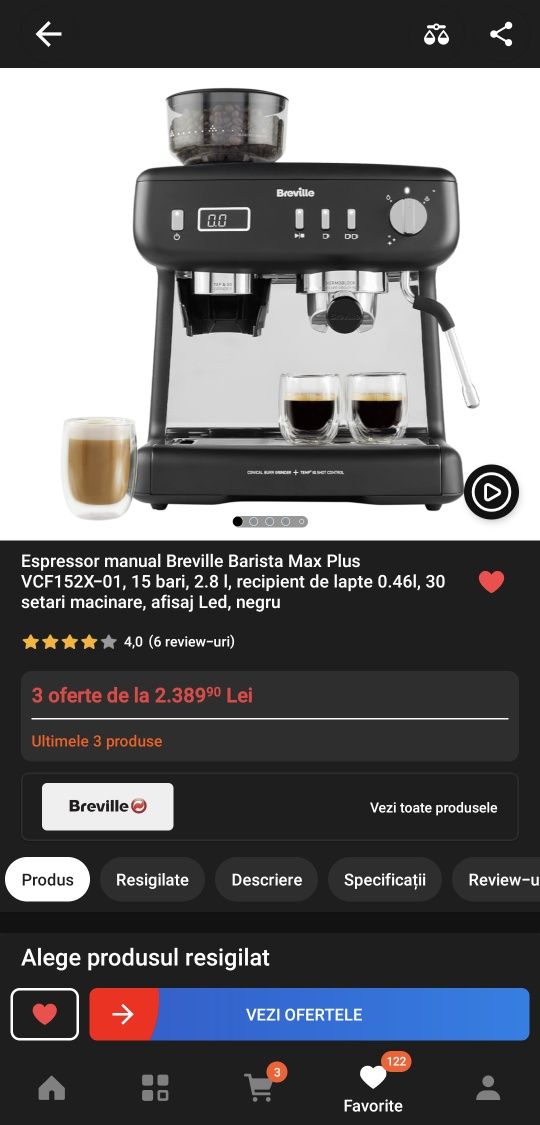 Espressor manual Breville Barista Max Plus cu Râșniță, garanție, cutie