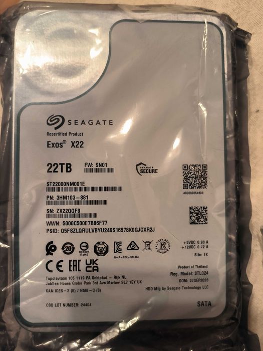 Seagate 22TB Exos SATA 3.5" 7.2K rpm, 512MB cache, model ST22000NM001E