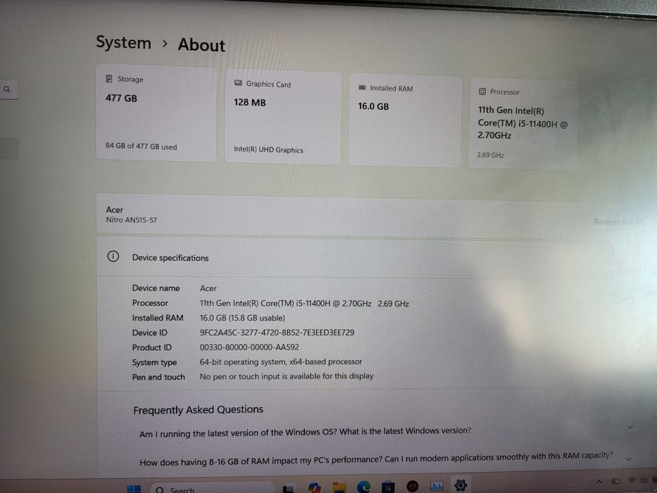 Acer Nitro 5 i5/16gb/512gb/RTX 3050