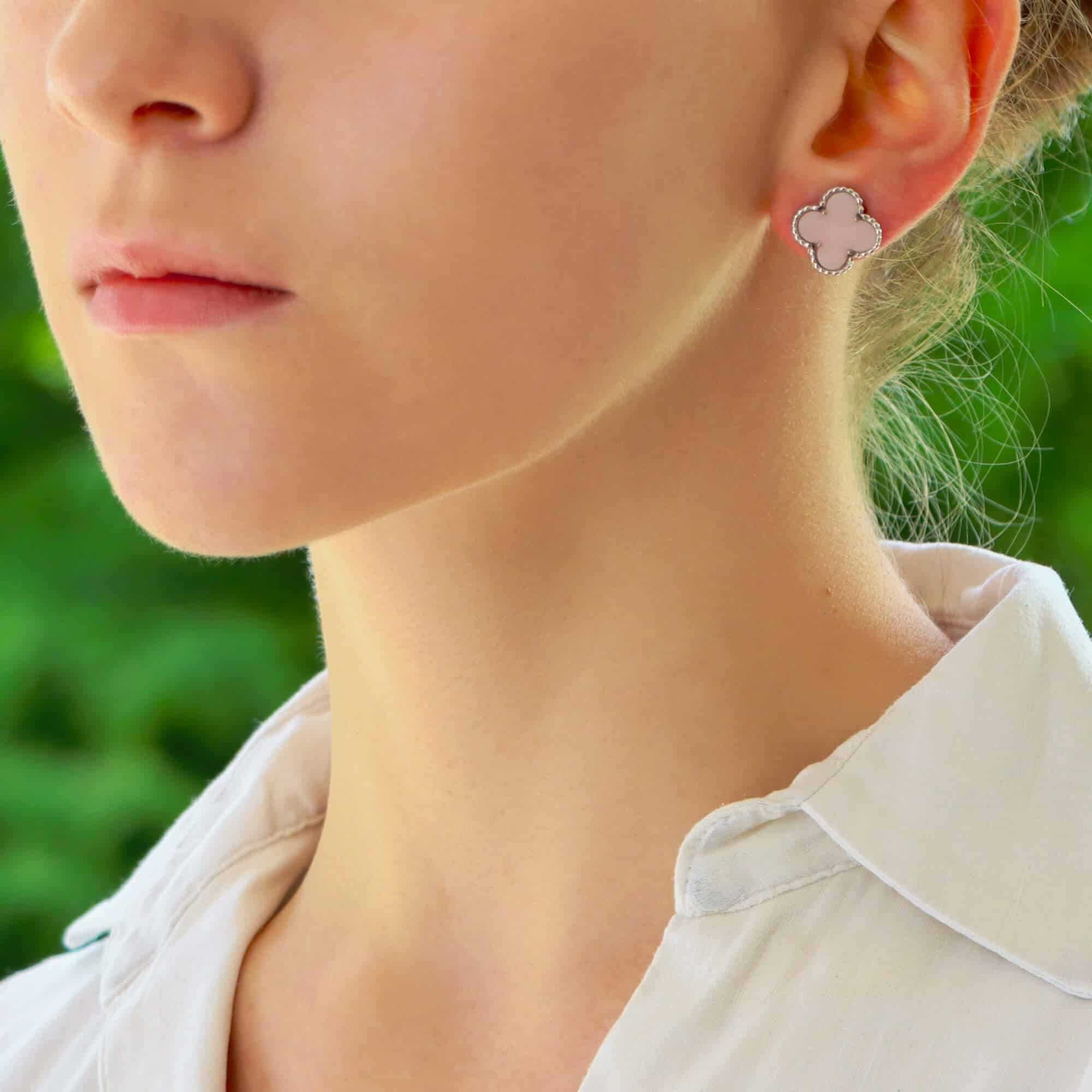 Van Cleef & Arpels VCA Silver Pink Opal Vintage Alhambra Дамски Обеци