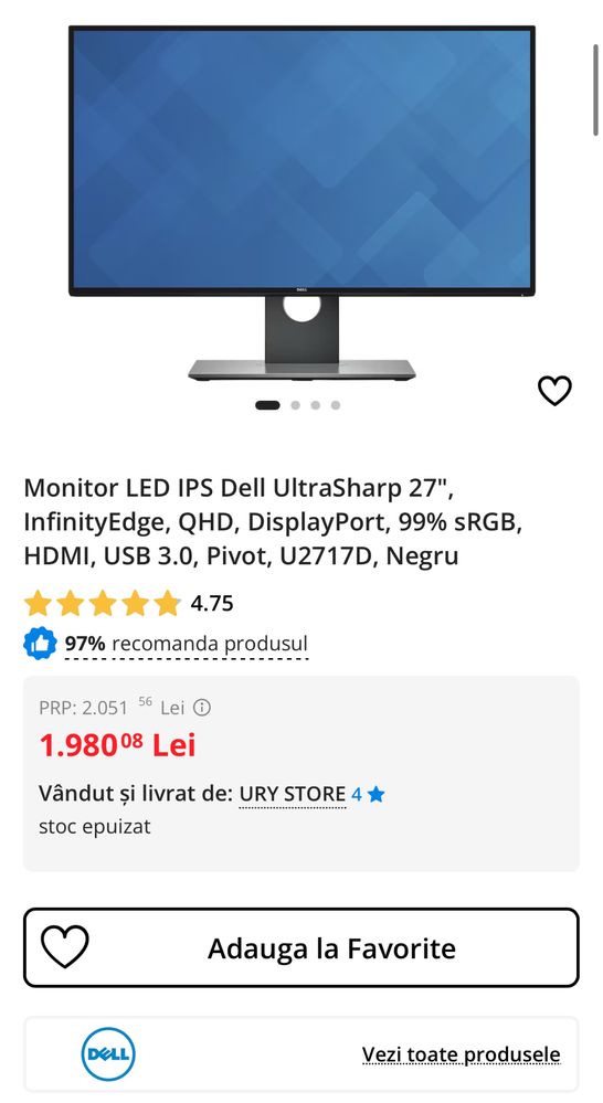 Monitor DELL U2717D IPS 27’’ QHD DisplayPort HDMI USB 3.0