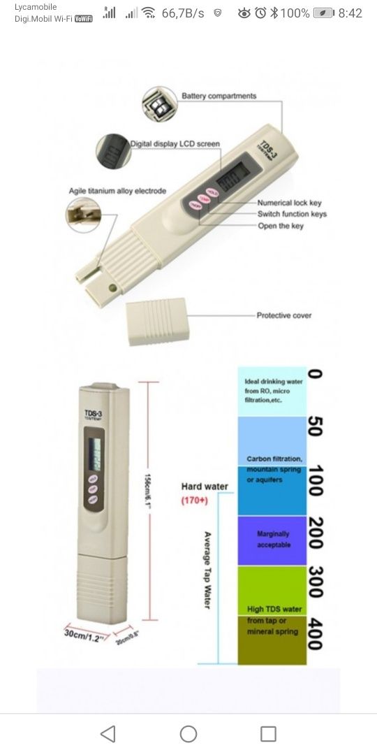 Tester  TDS Metru, masoara total soliderul dizolvate