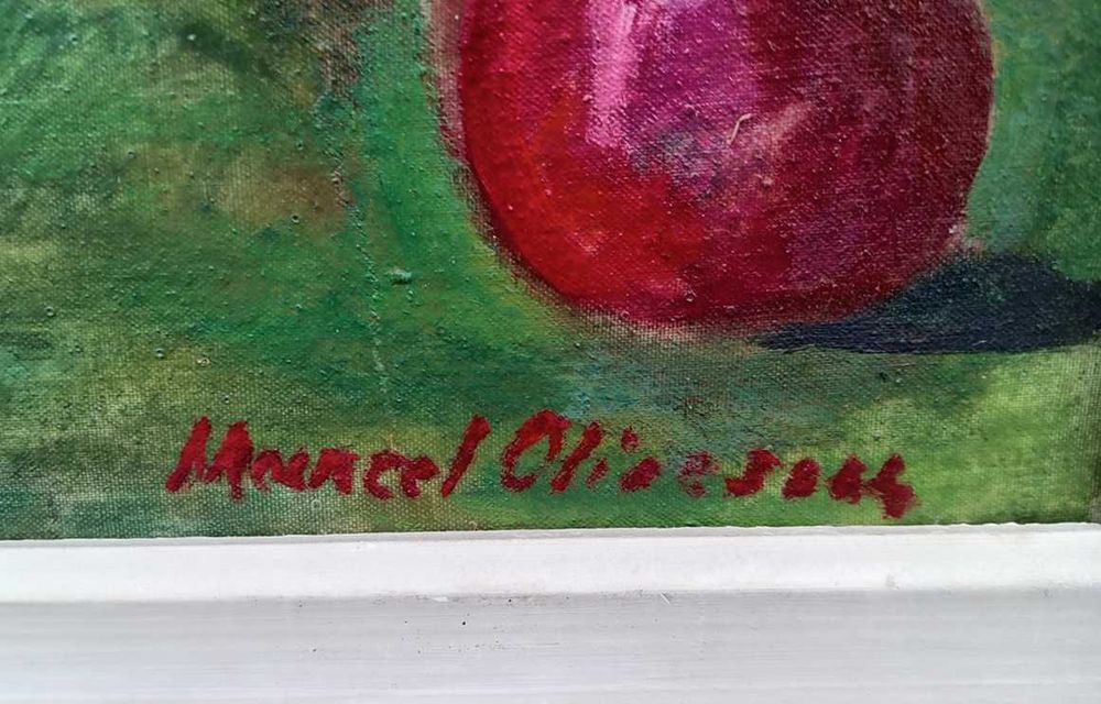 Tablou vechi - natura statica cu mere - semnat Marcel Olinescu