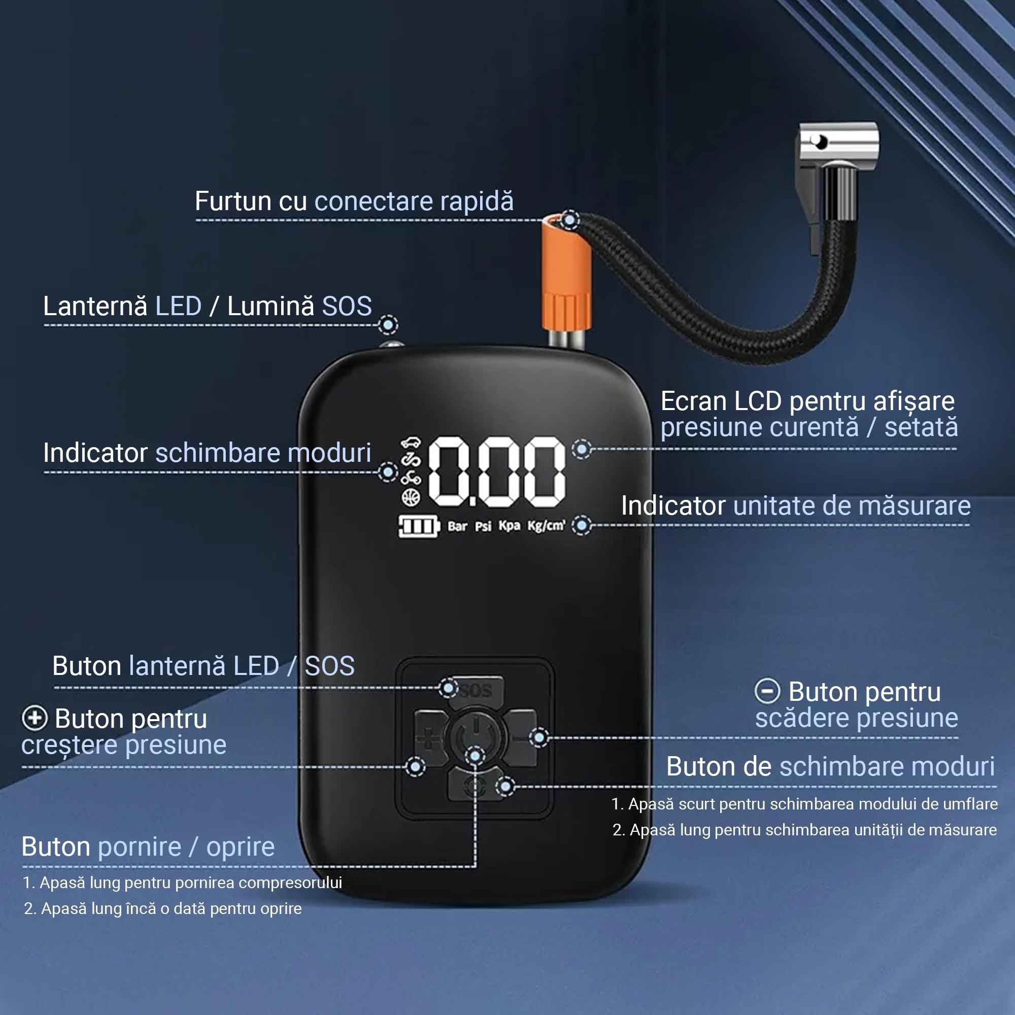 Compresor auto cu acumulator, 150 PSI, Afisaj digital, Lanterna, USB C