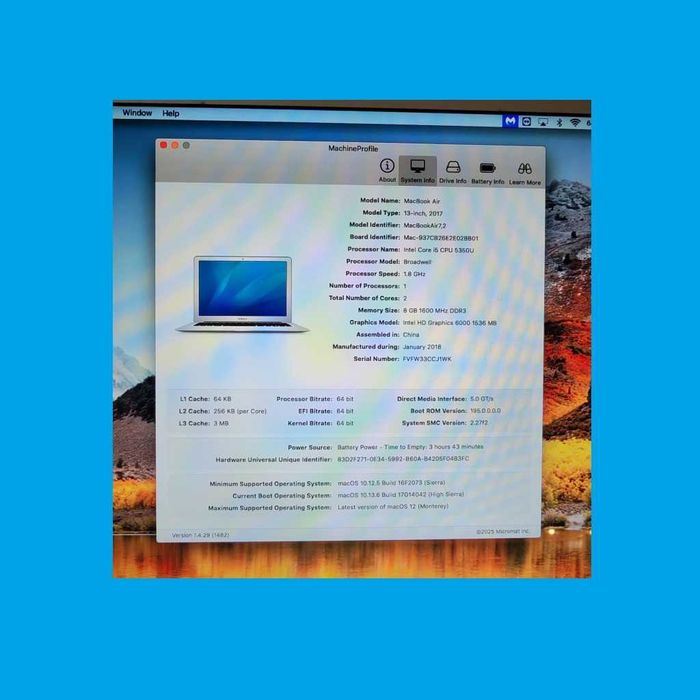 Laptop Macbook Air 13.3" 2017/2018 i5 8GB SSD 128GB - A1466 - 3178