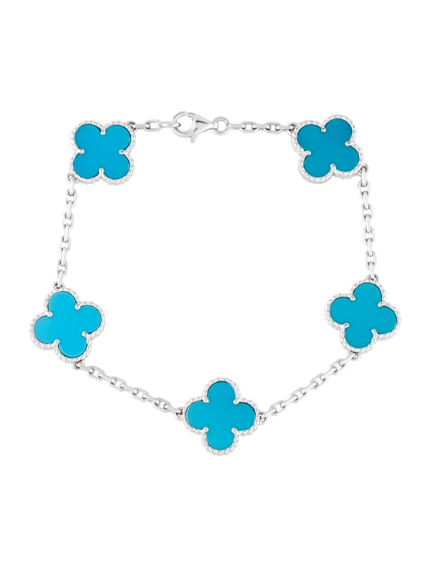 Van Cleef & Arpels VCA Silver Turquoise 5 Motif Alhambra Дамска Гривна