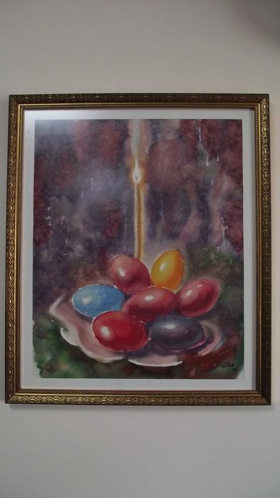 СТАРА Картина - Акварел - Великден Великденски яйца -Отлична