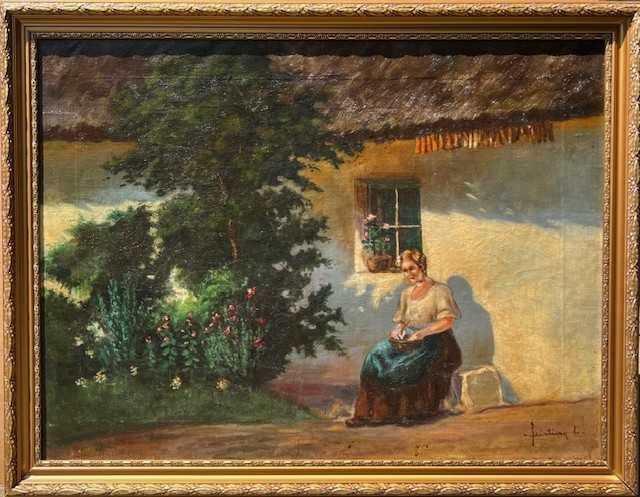 "Pe prispa casei" -IMPECABIL! Tablou f VECHI, F Mare, ulei/pz, semnat