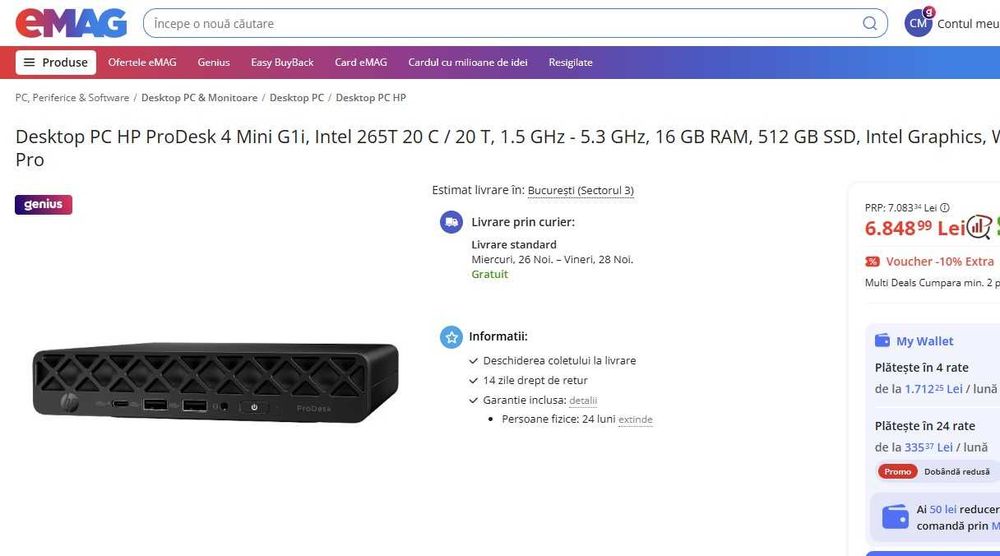 HP ProDesk 4 Mini G1i AI PC 2025 Intel Core Ultra 7 265T 16GB SIGILAT