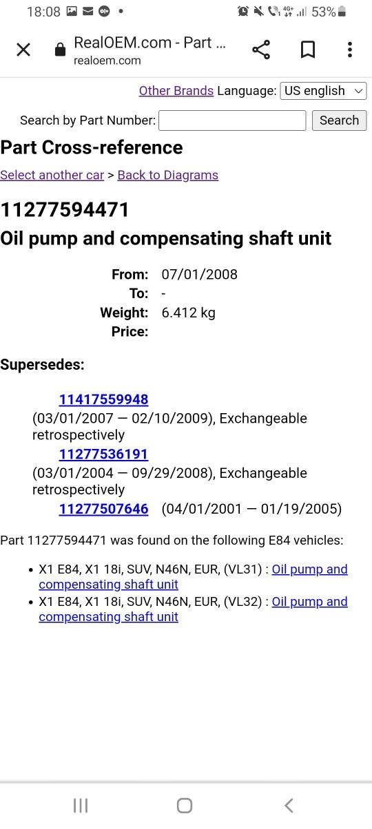 Pompa ulei bmw e81 e87 e90 e91 e92 e93 e60 e84 e85, n46, 2.0i, 0517603