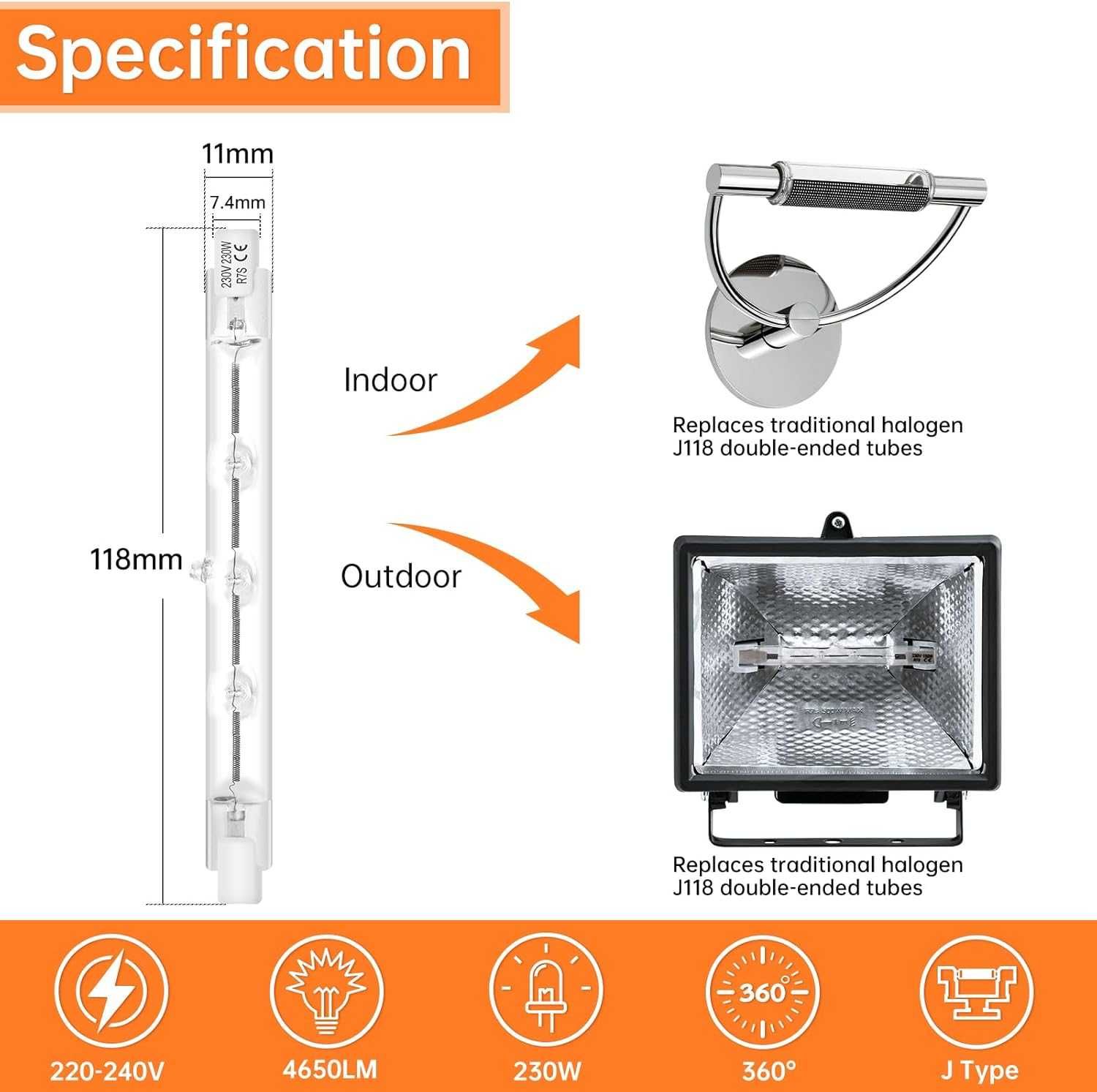 Комплект халогенни крушки TOMOSU R7S 118mm, 230V 230W – 6бр! 4650 lm