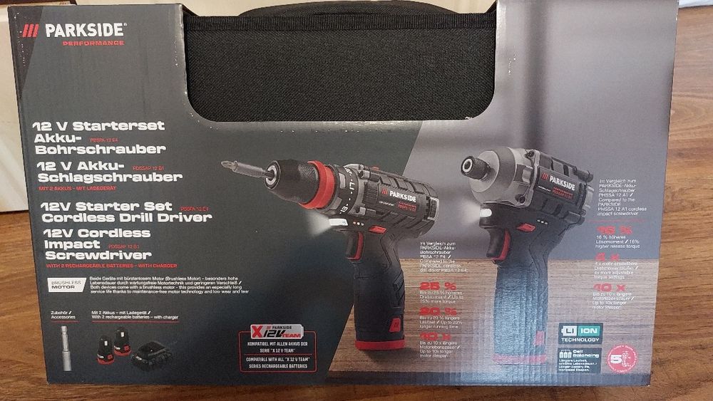 Set mașină de gaurit/insurubat și mașină cu impact Parkside 12 v