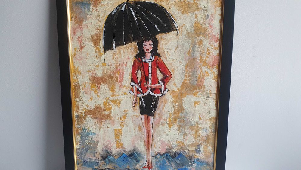 Cadou tablou nou modern romanesc ,decorativ,-Fata cu jacheta rosie