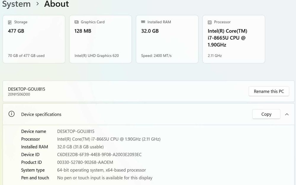 Laptop Lenovo T490s, i7-8665U, SSD 512GB, 32GB RAM