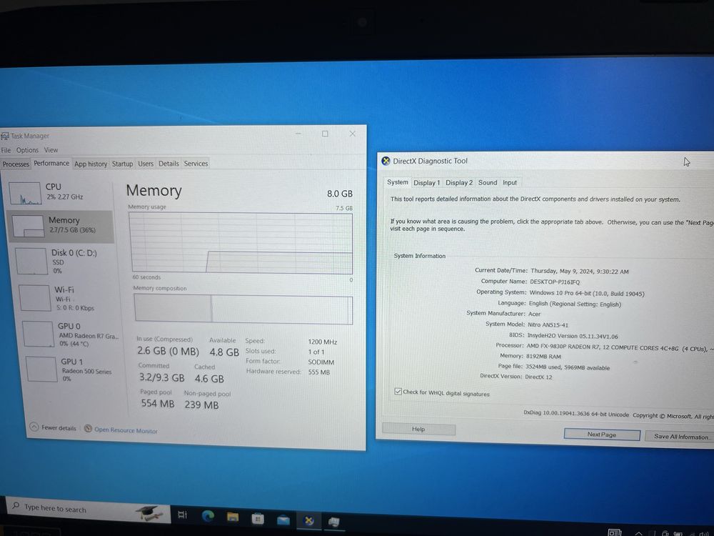 Acer Nitro5 15.6 AN515-41 лаптоп 8 гб рам / 250гб ssd