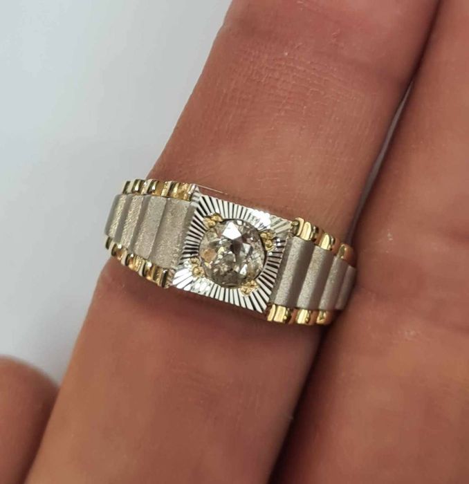 Inel din aur alb si galben 14k, cu diamant natural, model Rolex,