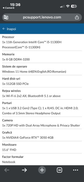 Leptop gaming lenovo ideapad gaming 3 i5-11300H rtx3050 8gb RAM