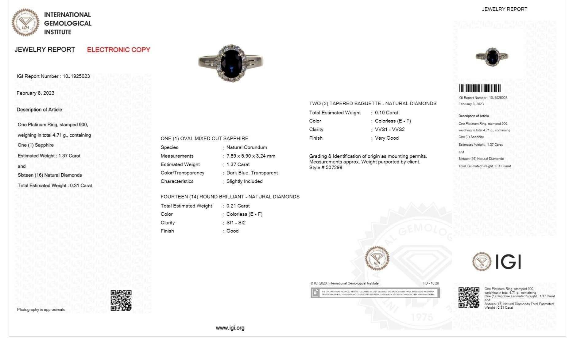 Vand inel platina cu safir 1.37ct si diamante 0.31ct NOU certif. IGI