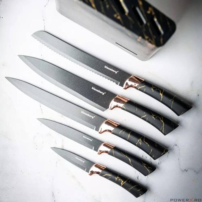 Set cutite din oțel inoxidabil, 6 piese, suport negru cu model maro,