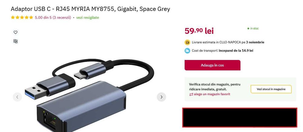 Adaptor USB C - RJ45 MYRIA MY8755, Gigabit