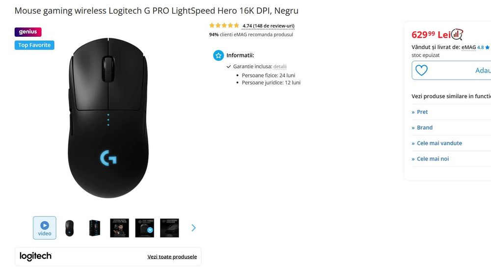Mouse gaming wireless Logitech G PRO LightSpeed Hero 16K DPI