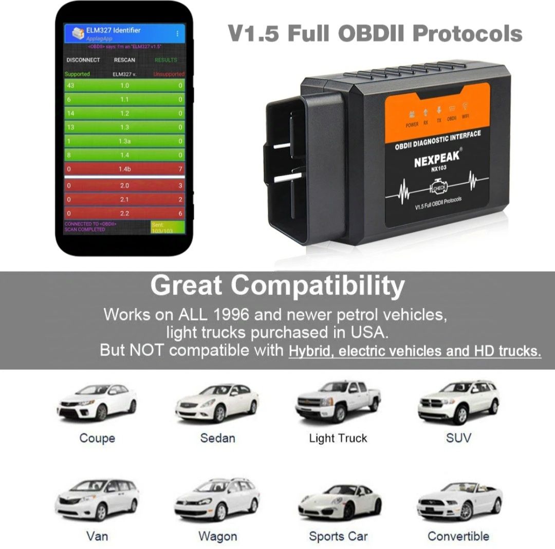 Качественна автомобилна OBD2 Wi-fi диагностика NEXPEAK ELM327 V1.5.