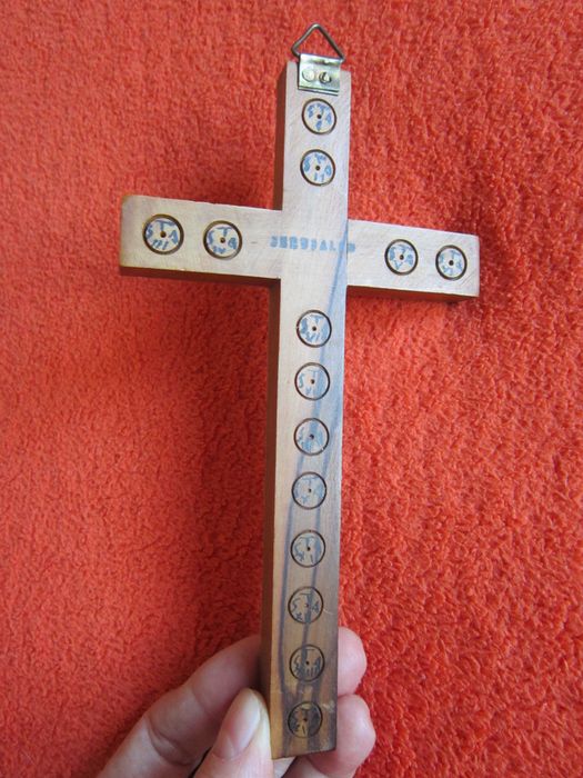 rar Mother of pearl, lemn maslin Cruce Crucifix Ierusalim 1950
