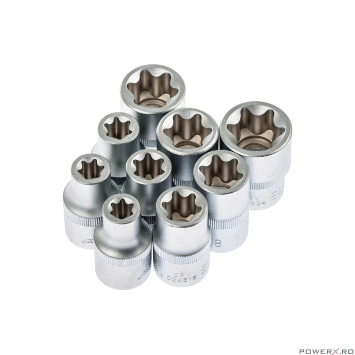 Set chei tubulare, E10-E24, 1/2" tip torx, 9 piese, Asta
