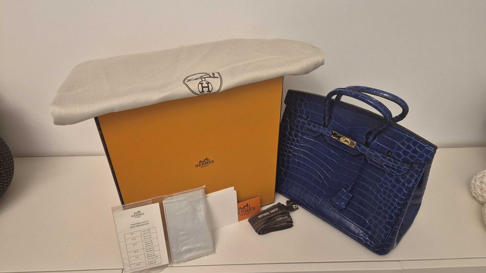 Geantă Hermes Birkin albastru crocodil + set accesorii