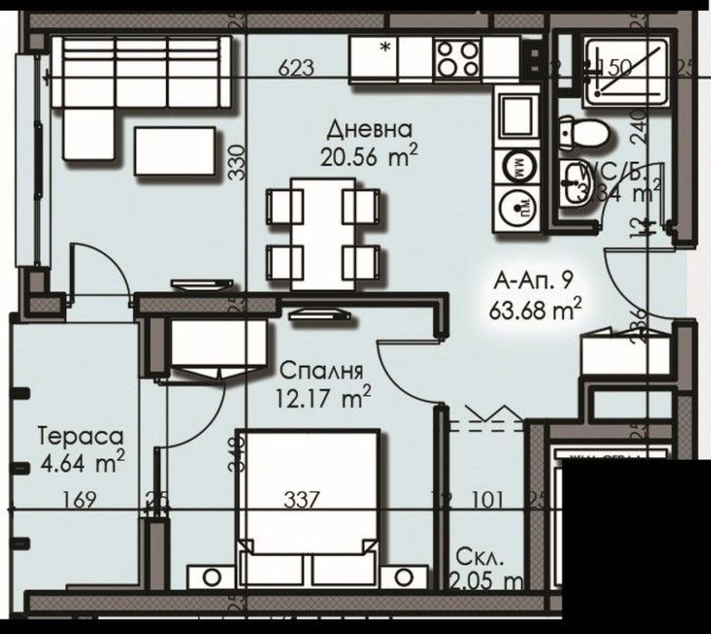 Двустаен апартамент в жк. Изгрев, сграда в строеж, 1200м2