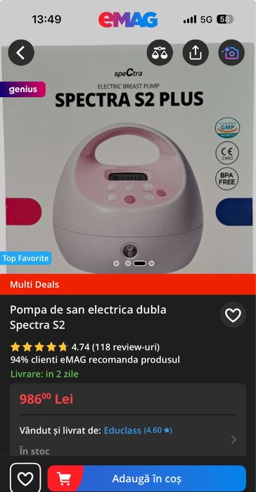Pompa de san electrica dubla S2 Plus, Spectra in garantie