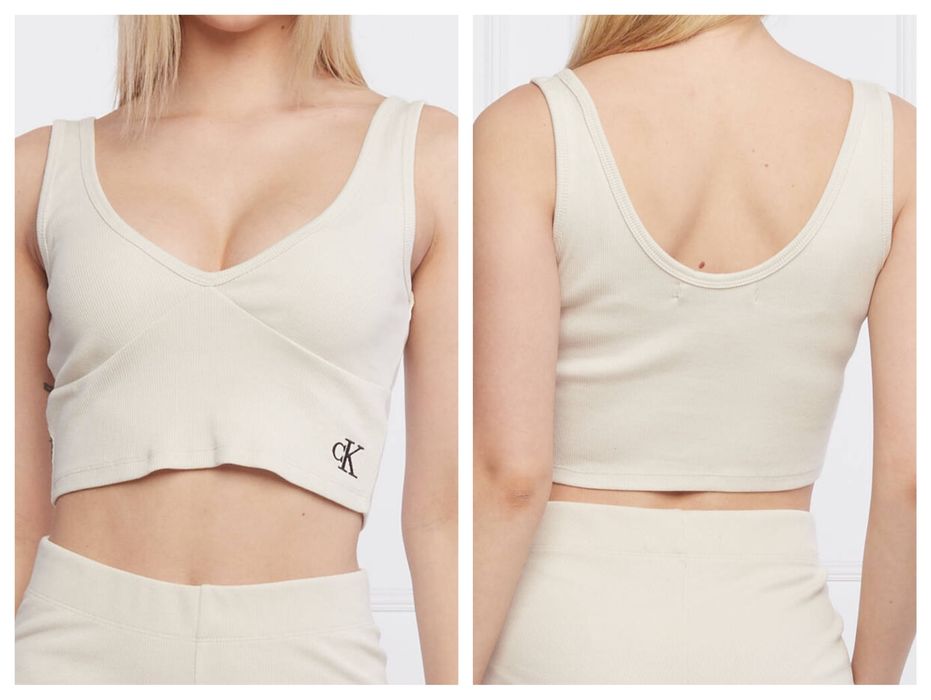 Calvin Klein Jeans бежови широки бермуди с лен и кроп топ рипс