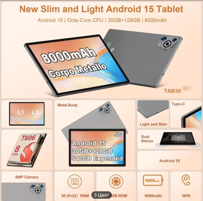 Нов таблет DGHRTI с Android 15, 10.1", 30GB RAM, 128GB ROM, 8-ядр