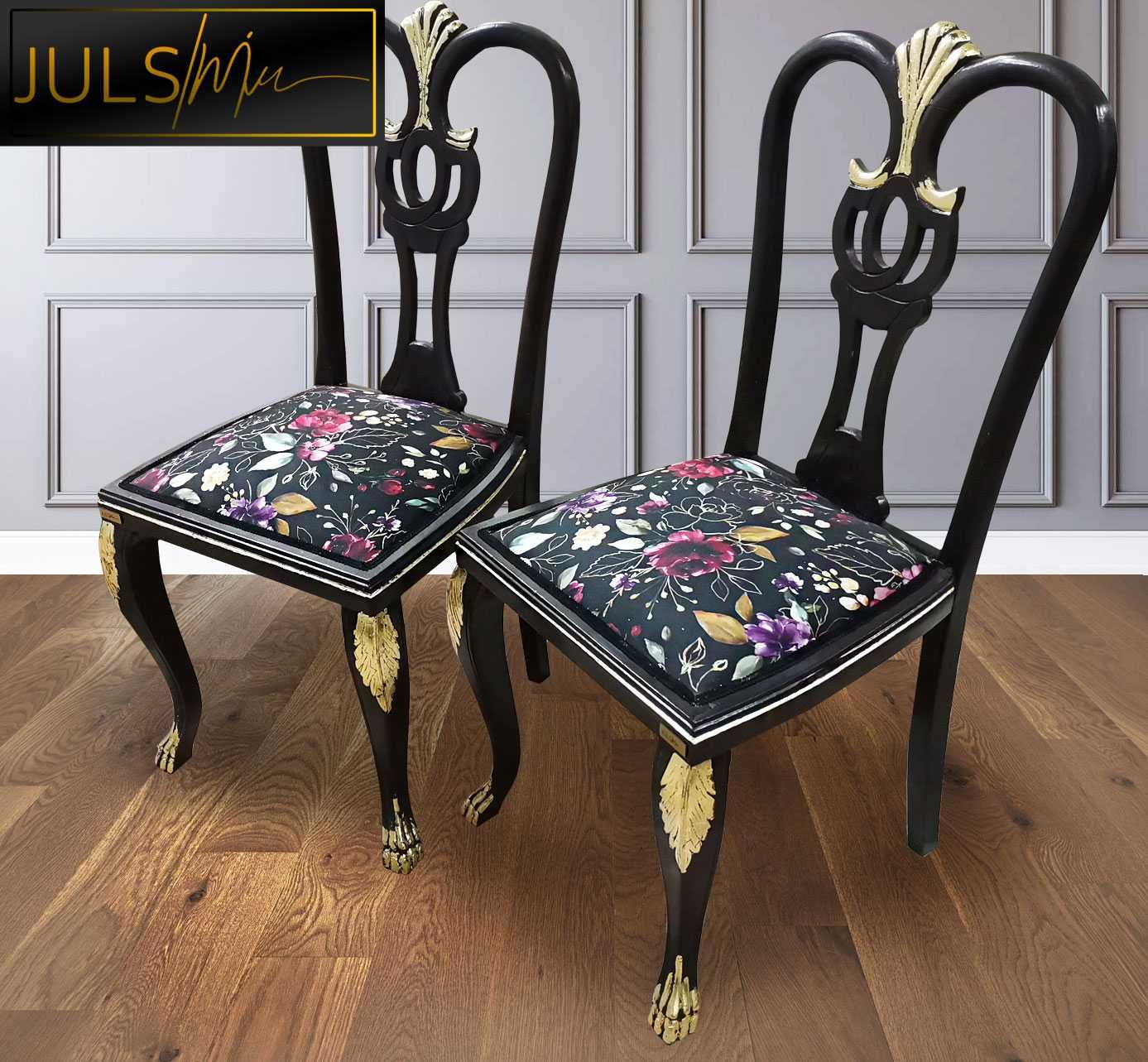 Set 2 scaune vintage reconditionate cu foita de aur