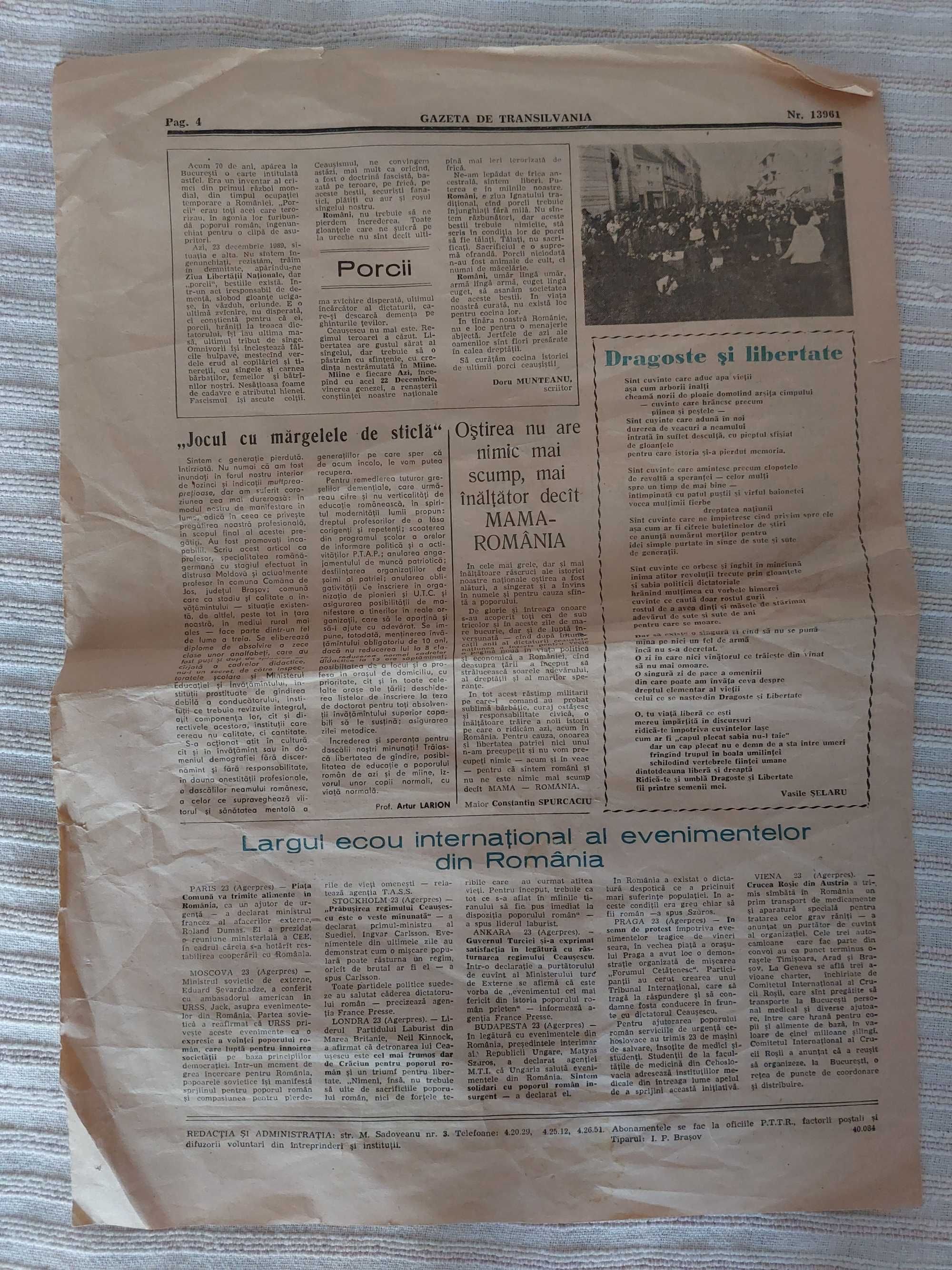 Ziarul Libertatea 23 decembrie 1989/Gazeta Transilvania 24 decembrie