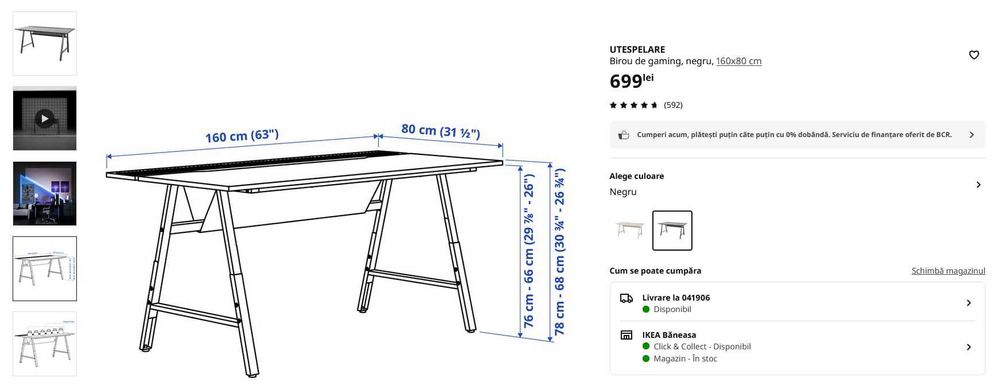 Birou gaming 160x80 cu inaltime reglabila Utespelare Gri